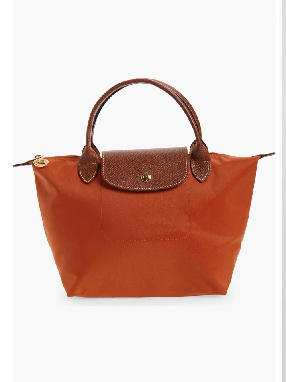 Longchamp Le Pliage Small Tote in Orange with Brown Trim